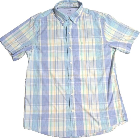 IZOD Men's Pastel Plaid Button Down Shirt sz L Blue White Peach Lightweight EUC - Picture 1 of 10